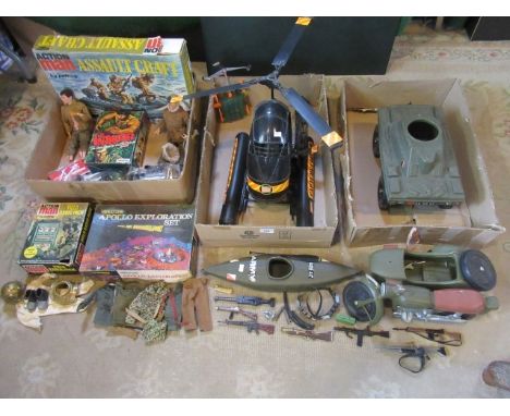 A large quantity of Action Man toys, to include: helicopter, tank, motorbike and sidecar, Action Man assault craft and many o