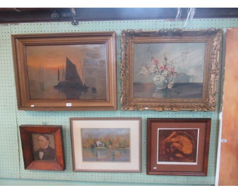 A 19th century gilt framed oil on board harbour scene at sunset, together with another gilt framed oil on board of still life