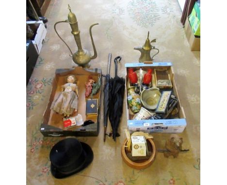 Two boxes of miscellaneous items, to include: two umbrellas, felt top hat, carved bear, papier mache doll, cribbage board, do