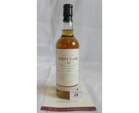 A bottle of 1989 First Cask Highland Park Ornkey Single Malt Scotch Whisky.