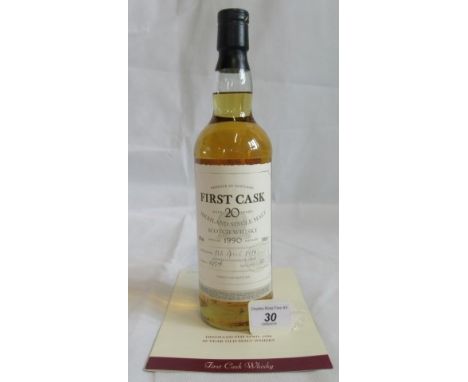 A bottle of 1990 First Cask Glen Garioch Highland Single Malt Scotch Whisky.