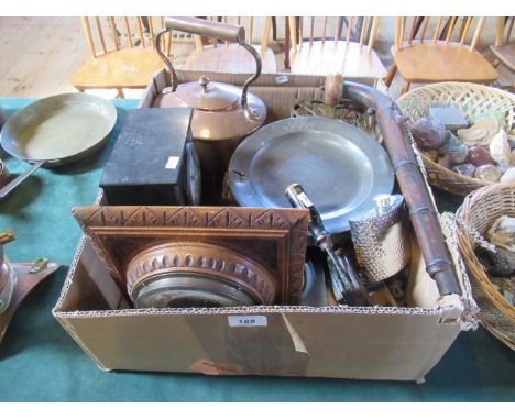 A box of miscellaneous items, to include: copper kettle, pewter plate warmer, marble mantle clock, bras trivet and other misc