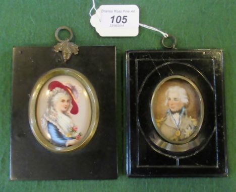 A framed and glazed miniature, possibly Lord Nelson, together with a portrait of a Victorian lady. Condition Report: Both bel