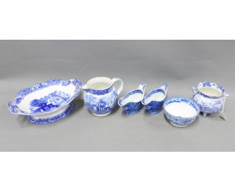 19th century Staffordshire blue and white transfer printed pottery to include Abbey pattern comport, jug, Pratts Italian caul