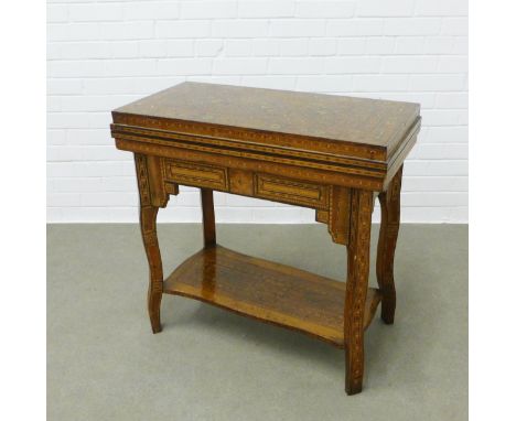 Syrian marquetry inlaid card and games table, with fold over top having green baize lining which unfolds again to reveal ches