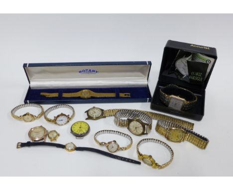 A collection of lady's &amp; gents vintage wrist watches to include a 9ct gold cased Smiths watch on black leather strap, Rot