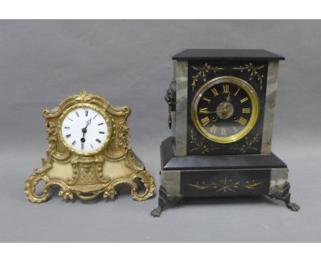 Black slate mantel clock, Henry Marc Paris,&nbsp; 28cm and gilt metal clock, Rollin a Paris (a/f) (2)