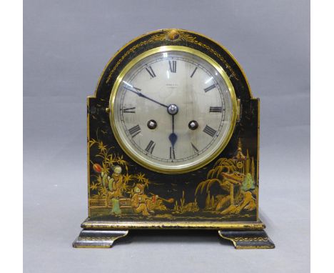 Chinoiserie mantle clock, silvered dial with Roman numerals and retailed by Brook &amp; Son, Edinburgh,   with a French brass