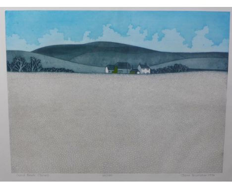 John Brunston (BRITISH 1933 - 2014), 'Chesil Beach (Dorset)' coloured etching, numbered 35/150, entitled, signed in pencil an