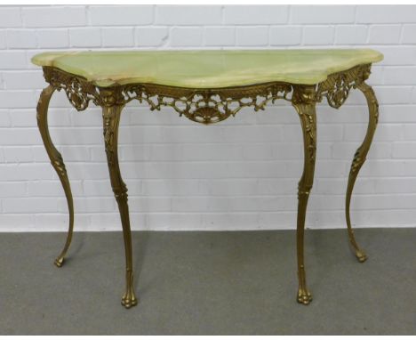 A vintage console table, with serpentine top and raised on faux brass cabriole legs with paw feet, 114 x 80 x 33cm 