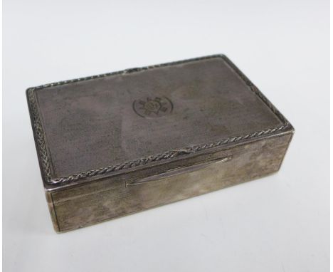 George V Scots Guards silver table cigarette box, with engine turned decoration and laurel leaf border edging, with a persona