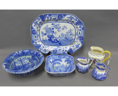 19th century Staffordshire blue and white transfer printed pottery to include a square bowl, Wedgwood Ferrara jug, Spode Ital