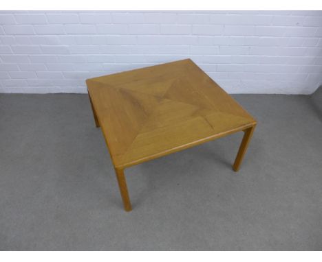 Two square lamp / coffee tables, one in light oak the other darker with an inlaid border, 75 x 42cm (2) 