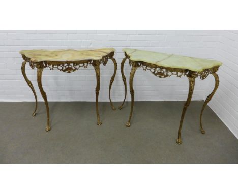 A pair of vintage console tables, with serpentine tops and raised on faux brass cabriole legs with paw feet, 100 x 80 x 35cm 