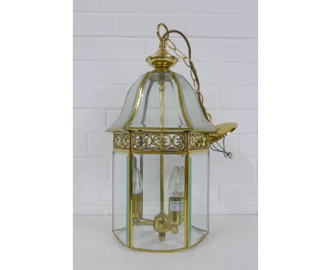 Hexagonal brass and glass panelled hall lantern light fitting, 43cm approx. 