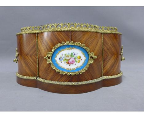 French kingwood planter of quatrefoil form, with brass mounts and Sevres style plaque, detachable lead liner, 39cm 