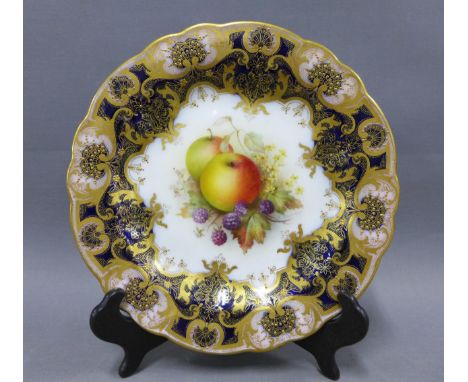 Richard Sebright for Royal Worcester, handpainted fruit pattern porcelain cabinet plate with blue ground and gilded borders, 