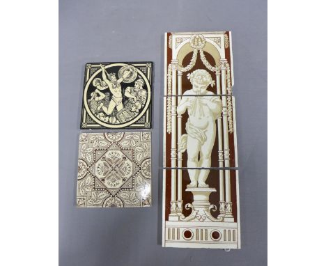 Set of three Minton cherub tiles, a John Moyr Smith tile for Minton and another, (5) 