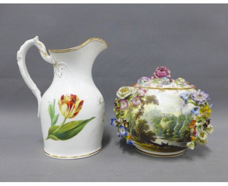 An early 19th century porcelain jug, white glazed with gilt edged rim and handpainted floral sprays and inscribed Robert Greg
