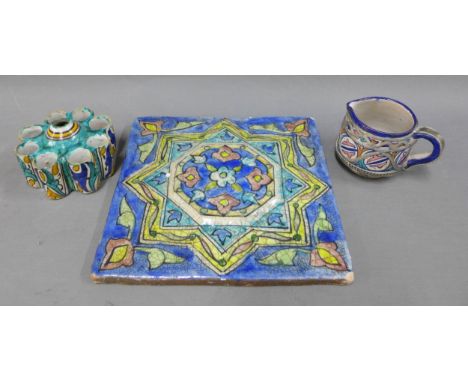 Isfahan style glazed tile, vase and white metal mounted jug, (3) 