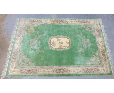 Chinese wool rug, pale green field with central panel with birds and flowers, 276 x 186cm 