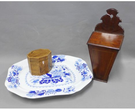 19th century mahogany wall candle box with chequer banded stringing, 45cm,  mahogany octagonal caddy and an Ironstone blue an