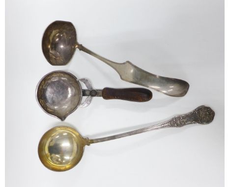 William IV Scottish silver soup ladle, kings pattern, Glasgow 1833, 37cm, continental silver ladle with threaded pattern and 