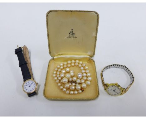 Lady's 9ct gold Rotary wristwatch on a black leather strap together with a vintage Roamer gold plated wrist watch, Ciro pearl
