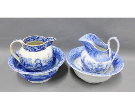19th century Staffordshire blue and white transfer printed pottery to include a Camilla pattern basin and ewer and a Lucano B