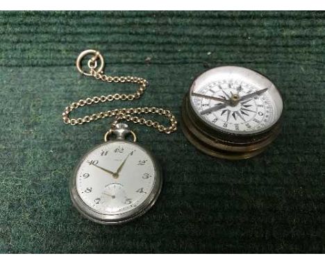 A Facit pocket watch on gilt chain and a brass pocket compass 