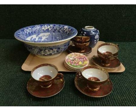 A tray of oriental tea set, ginger jar - no lid and Copeland Spode bowl 