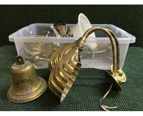 A basket of brass bell, brass angle poise shell lights, wall light with glass shade etc 