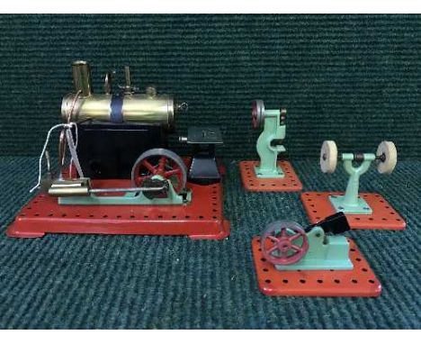 A live steam Meccano engine together with miniature saw, grinding disc and drill stand