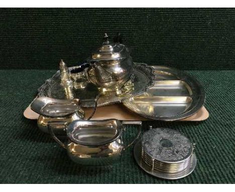 An EPNS scalloped edged tray, three piece Walker & Hall tea service, plated cruet set, vintage bottle opener etc 