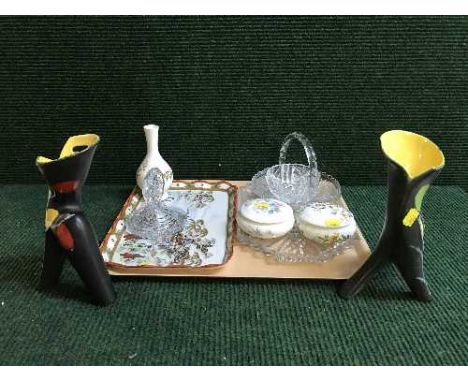 Two Aynsley lidded pin dishes, vase, cut glass trinket tray, pair of deco vases etc 