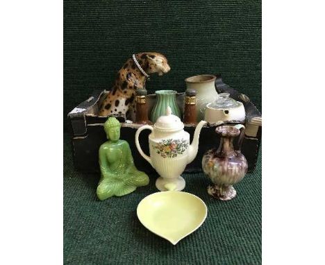 Two boxes of Wade whiskey decanter, oriental figures, chalk figure of leopard, blue and white ware etc 