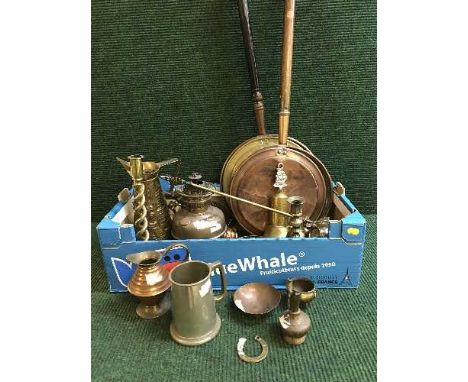 A copper fire curb and two copper and brass jam pans, ornaments, copper oil lamp etc 
