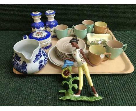 A tray of Branksome pottery tea service, Burslem jug, Charlotte Rhead bowl (damaged), Doulton trinket dish etc 