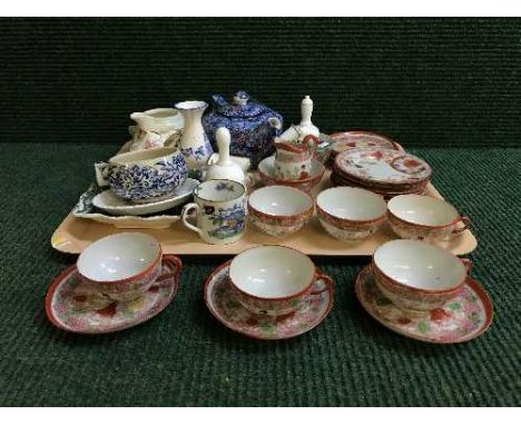 A tray of Ringtons teapot, tea service, Doulton milk jug, thimbles, china bells etc 