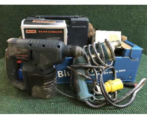 A box of power tools - Makita drill, Bosch jigsaw, Bosch hammer drill ect 