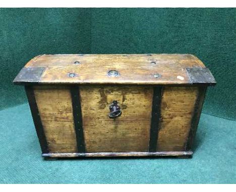 An antique pine metal bound trunk with key, width 74 cm 