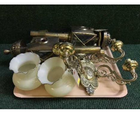 A pair of vintage carriage lamps and two way light fittings 