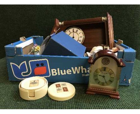 Three boxes of wall clock, mantel clock, glass ware, planter, vases, Masons twin handled lidded pot etc 