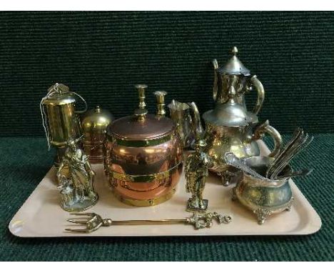 A tray of plated tea spoons, plated tea service, biscuit barrel, miner's lamp, candlesticks etc 