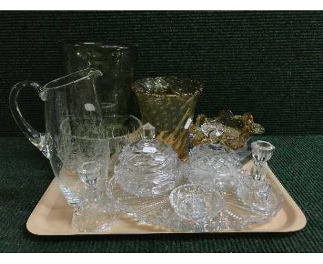 A tray of cut glass trinket set, glass ash stray, studio glass vase etc 