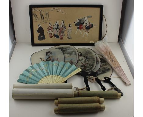 A collection of Japanese silk fans, A Meji period watercolour, a collection of Ivory scrolls and simlar