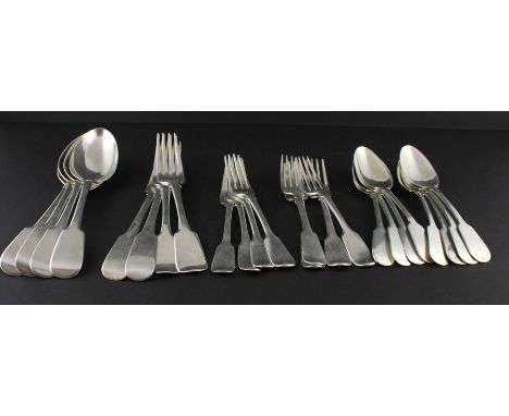 A matched set of fiddle pattern silver flatware, to include; Four large William IV tablespoons, by James McKay, assayed Edinb