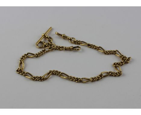 An 18ct. gold Albert chain, formed from alternating single long and series of four short curb links, with sliding 'T' bar, ea