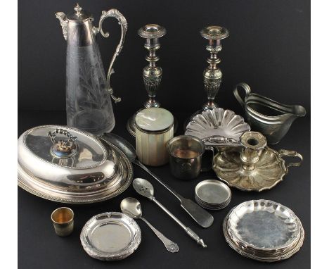 A collection of silver plated ware, to include; A Mappin &amp; Webb silver plated and etched glass claret jug, of circular ta