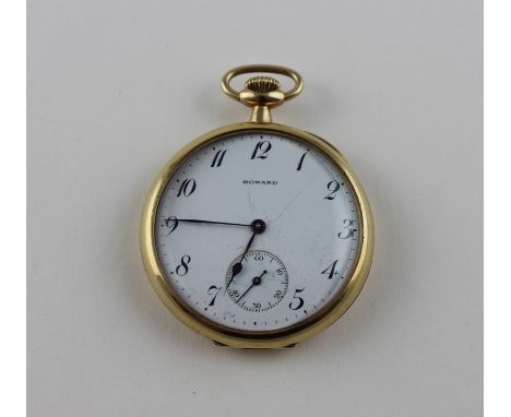 An E Howard Watch Co. 14ct. gold pocket watch, crown wind, having white enamel Arabic numeral dial with Subsidiary Arabic num
